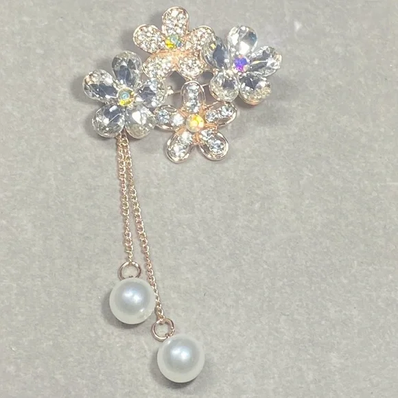 Sparkling Blossom Pearl Brooch With Aurora Borealis Crystals & Dangling Pearls - Picture 1 of 6